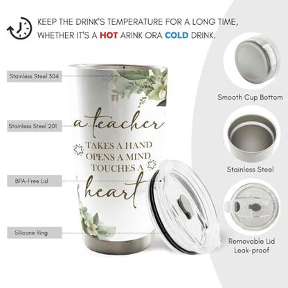 Teacher Gifts 20oz Travel Coffee Mug Tumbler, Teacher Appreciation Gifts for Women Men, a Teachers Takes a Hand Opens a Mind Touches a Heart Stainless Steel Tumbler with Lid and Straw - color: heart
