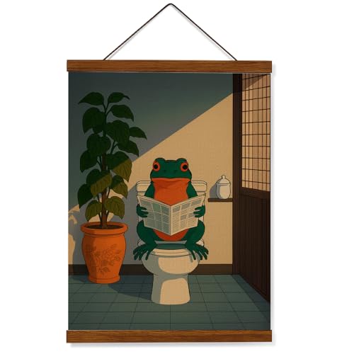 FOPENEM Funny Frog Bathroom Wall Art Decor, Whimsical Japanese Frog Reading Newspaper on Toilet Wall Decor Poster Hanger Frame for Home Bathroom Washroom Restroom, 12x16 Inches - color: white-Bathroom Frog