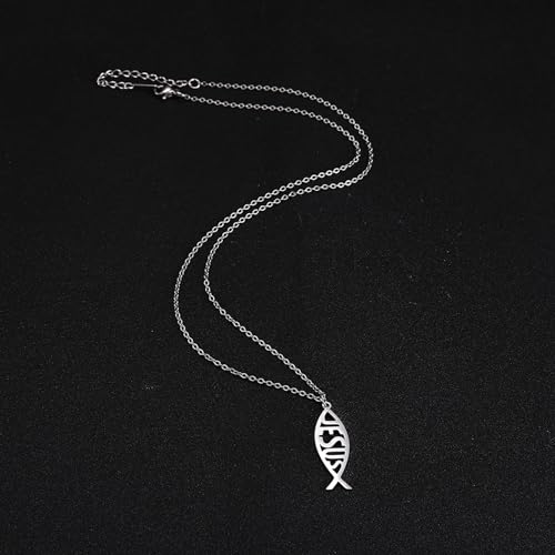 Ichthus Necklace for Women Christian Jesus Fish Necklace Christ Fish Cross Ichthys Pendant Necklace Ichthus Fish Religious Symbol Pendant Christian Jewelry Gift - color: silver