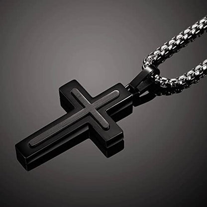 Holizaly Men's Cross Necklace 316L Stainless Steel Pendant White/Gold/Black/Blue Rolo Chain-Gift Box Included - color: black