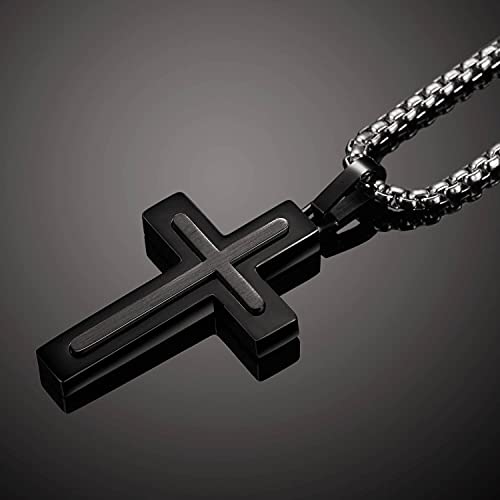 Holizaly Men's Cross Necklace 316L Stainless Steel Pendant White/Gold/Black/Blue Rolo Chain-Gift Box Included - color: black
