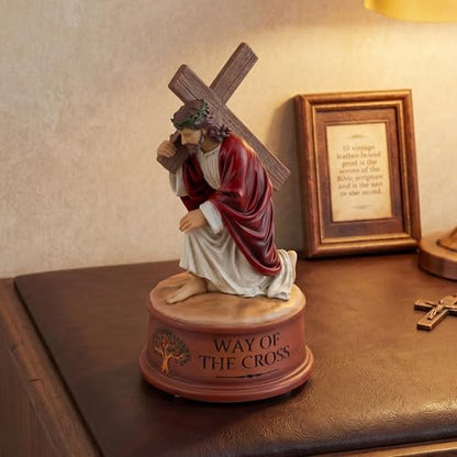 Way of The Cross Jesus Figurine Music Box,Christian Religious Collectible Statue Playing How Great Thou Art,Hand-Painted Jesus Carrying Cross Figurine,Faith Based Prayer Corner Decor,Lent Easter Gift