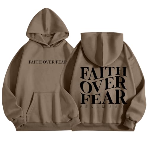 Faith Over Fear Christian Hoodies for Men Religious Jesus Hoodie Bible Verse Graphic Sweatshirt Fleece Pullover - color: Coffee, size: XX-Large