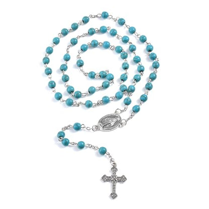 Catholic 6mm Round Natural Turquoise Bead Handmade Alloy Christian Vintage Cross Ornament Rosary Necklace