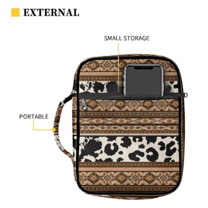 Coldinair Tribal Aztec Bible Covers for Women Men,Native Geometric Carrying Book Bible Case Cow Print Church Bag Bible Protective with Handle & Zippered Pocket - color: Tribal Aztec Geometric Cow Print