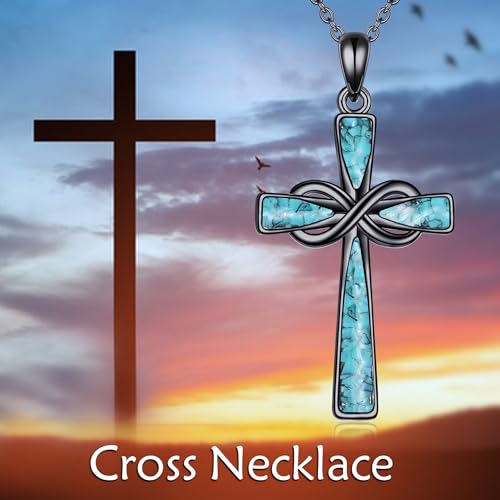 Infinity Cross Necklace S925 Sterling Silver Turquoise/Wooden/Opal/Abalone Cross Pendant Necklaces Christian Jewelry Gifts For Women - style: Black Turquoise