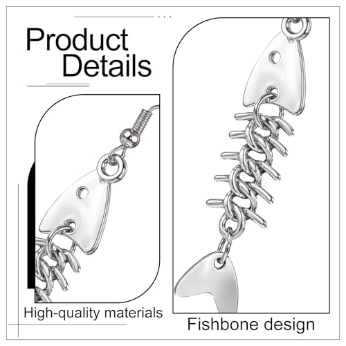 Yuanchu Fish Bone Grunge Earrings for Women, 2 Pair Zinc Alloy Long Cool Earrings Weird Jewelry Fishbone Dangle Earrings Fish Hook Punk Goth Earrings