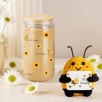 MUJUZE Bee Gifts for Women, 16 oz Tumbler & Crochet Bee Gift Set - color: Bee Happy Cup Set