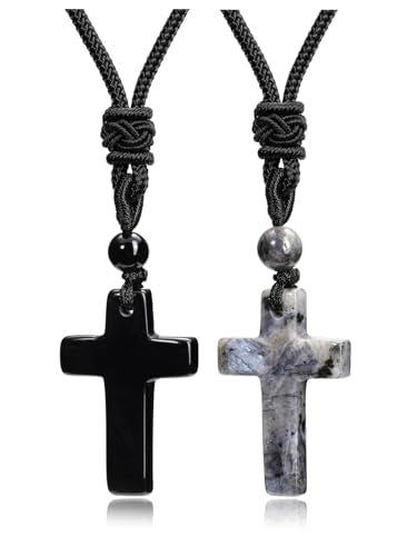 Top Plaza Healing Crystal Cross Necklace for Men - color: Black Obsidian+Labradorite
