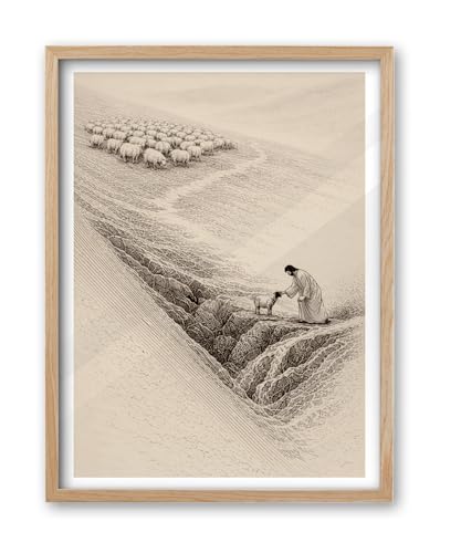 iHery 12x16in Jesus Rescues the Lost Sheep Framed Christian Wall Art - color: OAK Framed Christian, size: 16"L x 12"W