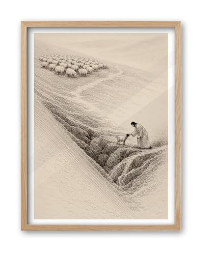 iHery 12x16in Jesus Rescues the Lost Sheep Framed Christian Wall Art - color: OAK Framed Christian, size: 16"L x 12"W