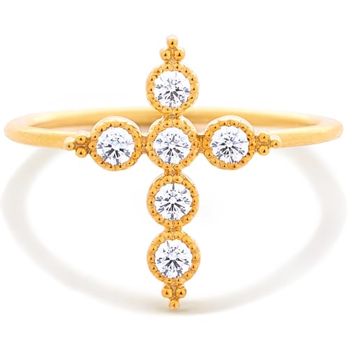 STORYJEWELLERY Cross Rings for Women, Purity Ring, Gold Plated Christian Rings for Women, Dainty Thin Ring, Religious Jewelry, Confirmation and Baptism Gifts