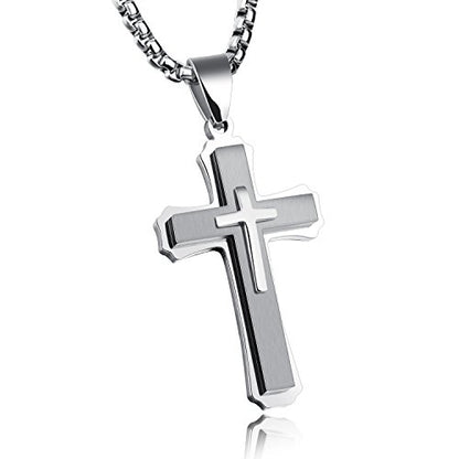 OLEVS Men's Cross Pendant Necklace Large Stainless Steel Cross Pendant Necklace for Men Women - color: silver-all