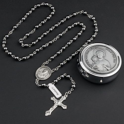 HanlinCC Saint Carlo Acutis Catholic Rosary Necklace with Gift Box - color: Hematite