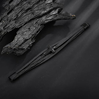 Leather Cross Bracelet Braided Faith Bangle for Men, 8.3 &9.1 Inch - color: 01.Black, size: 8.3in(Fits most wrists)