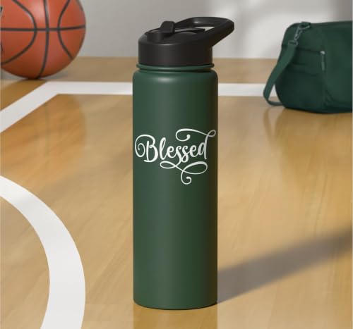 Blessed White Fancy Script Christian Religious God Jesus Stainless Steel Insulated Water Bottle - color: Dark Green