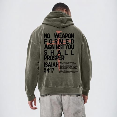 Christian Hoodies Men Jesus No Weapon Formed Against You Sweatshirts Faith God Oversized Acid Wash Graphic Pullover - color: Green, size: Large
