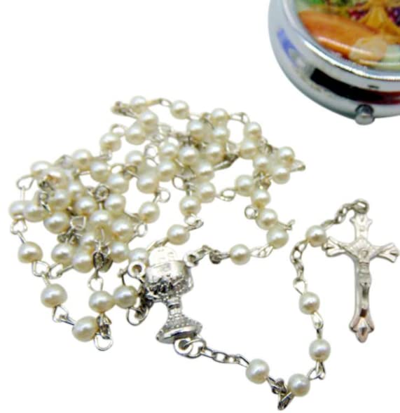 Westmon Works Girl's First Communion Rosary Set White Glass Bead with Metal Chalice Centerpiece and Crucifix with Case and Holy Prayer Card in a Drawstring Bag