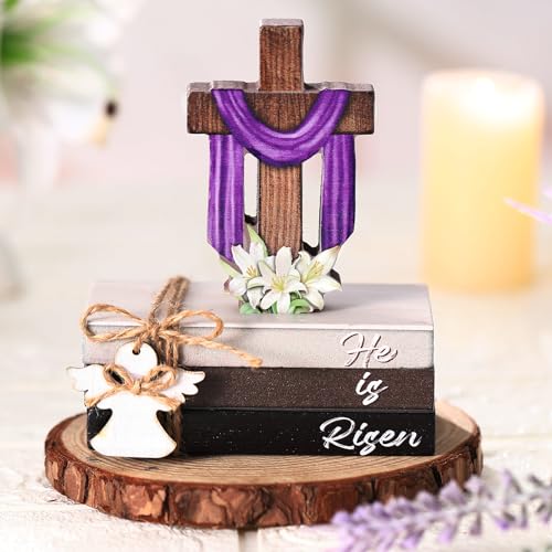 Bememo 5 Pcs Easter Decorations He is Risen Cross Wooden Sign Easter Tiered Tray Decor Christian Religious Decorative Faux Book Stack Block for Spring Home Table Fireplace Mantel Floating Shelf