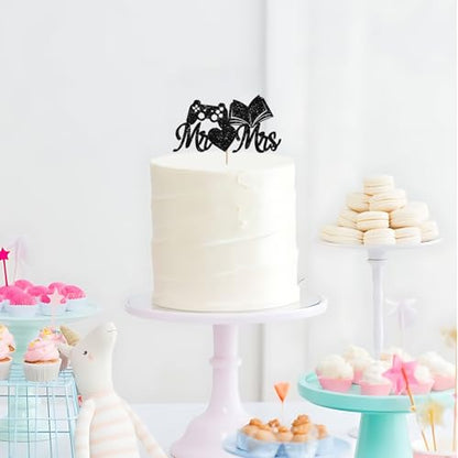 Gamer and Book Reader Wedding Cake Topper, Funny Mr & Mrs Cake Decor, Black Glitter Game Console and Book Couple Cake Topper for Engagement/Anniversary/Bridal Shower Party Decoration - style: Game&Book