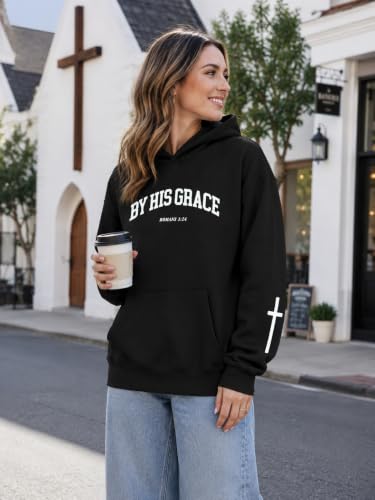FAYALEQ Christian Sweatshirt By His Grace Letter Print Hoodie Christian Religious Sayings Sweater Bible Pullover Tops - color: Black, size: X-Large