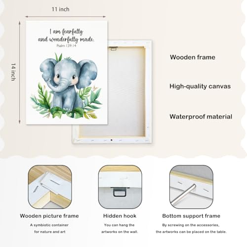 SZERE Woodland Nursery Animals Bible Verse Canvas Wall Art Decor Prints Posters, Cute Baby Elephant Forest Nursery Room Bedroom Bathroom Playroom Wall Art Decor for Nursery Kids Teen Girls Gifts, Christian Psalm 91 Wall Art Classroom Wall Decor, Canvas Fr