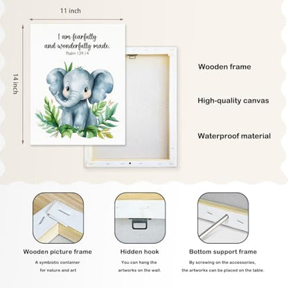 SZERE Woodland Nursery Animals Bible Verse Canvas Wall Art Decor Prints Posters, Cute Baby Elephant Forest Nursery Room Bedroom Bathroom Playroom Wall Art Decor for Nursery Kids Teen Girls Gifts, Christian Psalm 91 Wall Art Classroom Wall Decor, Canvas Fr