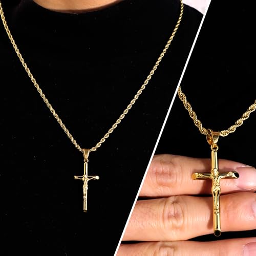 ALEXCRAFT Sterling Silver Plated Cross Necklace for Men Gold Plated Cross Necklaces for Women Trendy Stainless Steel Crucifix Pendant with 3mm 21inch Rope Chain - color: Gold-21in