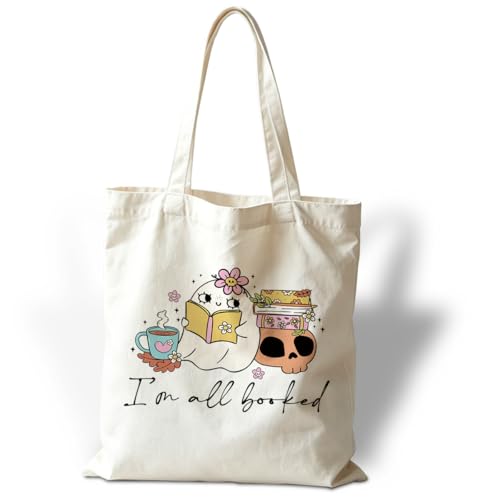 Book Lover Tote Bag for Women, I'm All Booked Canvas Shoulder Bag, Cute Reading Gift for Readers Librarians, Reusable Shopping Carryall for Library Work Travel - color: Style 18