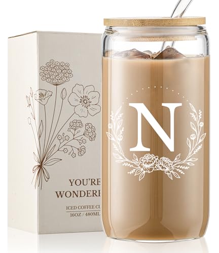 Personalized Gifts for Women, Monogrammed 16oz Glass Cups with Bamboo Lids and Straws, Customized Glass Tumbler, Cute Custom Mug, Customizable Initial Iced Coffee Glasses, Birthday Bridesmaid Mom, N - style: N