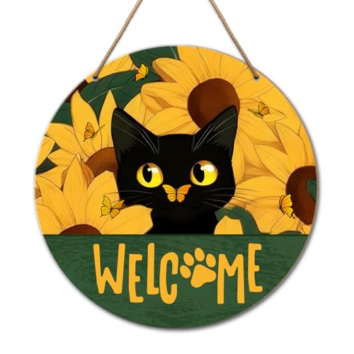 Black Cat Sunflower Summer Welcome Wood Hanging Sign Decorations for Home Office, Cute Cat Floral Butterfly Wooden Door Sign Wall Decor for Home Front Door Porch Yard Patio - color: Summer Welcome09