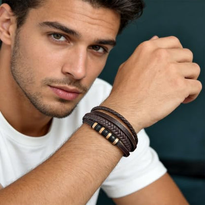Kim Carrey Italian Handmade Leather Bracelets for Men - color: Brown, size: 7.4"