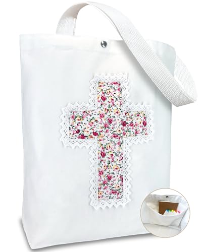 Christian Tote Bag Gift for Women, Canvas Bible Bag Handmade Floral Cross - color: White-pink Rose Garden