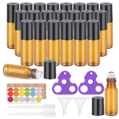 Easytle Essential Oil Roller Bottles, 24 Pack Amber Glass Balls Roller Bottles 5ml for Essential Oils, Roll on Bottle (96 Pieces Labels, 4 Funnels, 4 Dropper, 2 Opener)