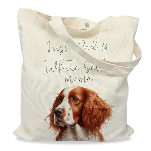 Dog Mom Canvas Tote Bag for Women, Reusable Cotton Shoulder Bag, Dog Lover Gift, Mother’s Day Pet Mom Shopping Tote - color: Irish Red and White