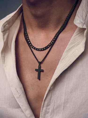 FaithHeart Cross Necklace for Men, Silver/Black/Gold Crucifix Necklace Stainless Steel Pendant with Cuban Chain Jesus Cross Necklaces Religious Gifts for Men - color: 01. Cross-Black, size: Chain Length 22in/24in