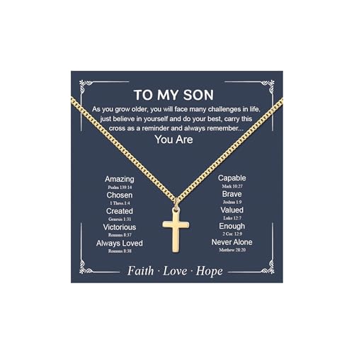Small Cross Necklace for Boys Baptism Christmas Confirmation Valentines Easter Birthday Gifts to Teens Son Grandson Nephew - color: gold, style: Son
