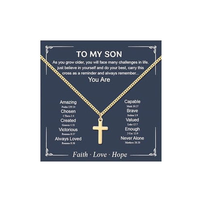 Small Cross Necklace for Boys Baptism Christmas Confirmation Valentines Easter Birthday Gifts to Teens Son Grandson Nephew - color: gold, style: Son