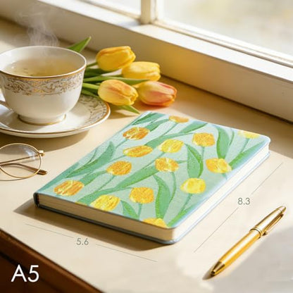 Tulip Gifts, Floral Journal, Cute Notebook, Embroidered Flower Cover, A5, Lined Paper, Wide Ruled, Hardcover, Lay Flat, Journal for Women, Pretty, Garden Journal, Tulips - color: Flower-Tulip