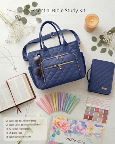Large Bible Bag with Bible Cover Case for Women, Quilted Bible Tote Bag - color: Navy