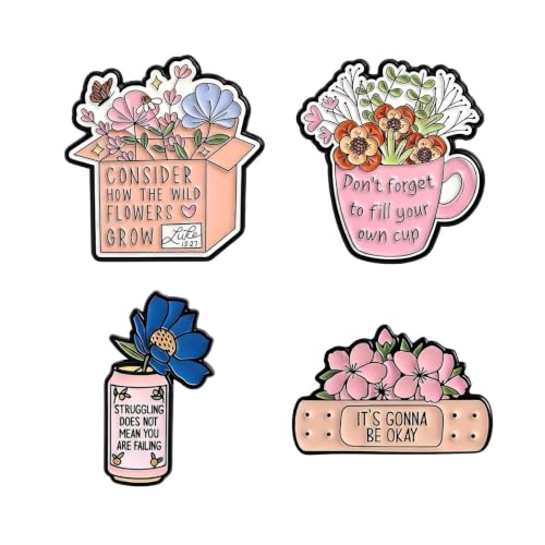 MemeChic 4PCS Inspirational Flower Enamel Pins Set，Christian Faith Bible Verse Luke 12:27 Religious Brooch, Encouragement Gifts for Women Men, Mental Health Positive Affirmation Lapel Pins for Jacket Backpack