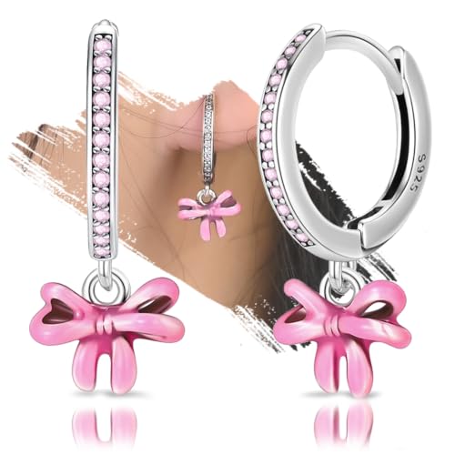 925 Sterling Silver Cute Animal Unique Huggie Hoop Earrings for Women - color: Pink Bow