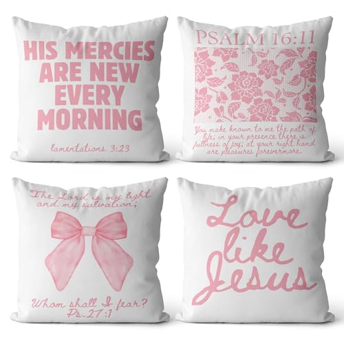 Pink Christian Pillow Covers 18x18, Pink Coquette Room Decor, Bible Verse His Mercies are New Every Morning Religious Decorative Pillow Covers for Home Couch Living Room Bedroom Set of 4