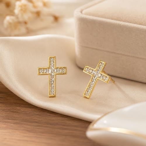 Dainty Cross Stud Earrings for Women, S925 Silver posts gold plated - color: Yellow Gold