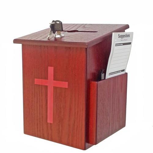 Wood Church Collection Fundraising Box Donation Charity Red Cross Sticker Flexible Application Christian Church Tithes & Offering Prayer 7.5"W x 7.5"H x 9-7/8" D Wallmount 1040S+16053