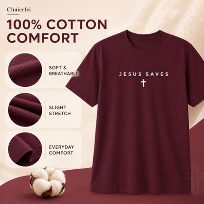 Christian Jesus Saves Cross T Shirt Subtle Minimal Religious Faith Tee Bible Verse Scripture Christian Clothing Unisex - color: Crimson, size: Large