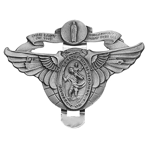 True Faith Jewelry Pewter Winged Miraculous Mary and St Christopher Visor Clip for Car, Patron Saint of Travelers, Gift for New Driver, Fine Pewter (92% Tin), 2 x 3 Inch - size: St. Christopher 3