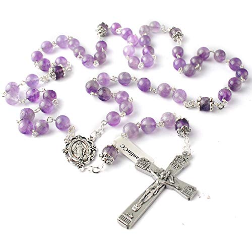 HanlinCC Catholic Rosary Natural Amethyst Stone Beads Necklace for Women