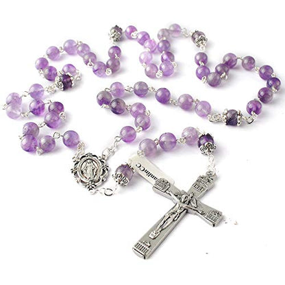 HanlinCC Catholic Rosary Natural Amethyst Stone Beads Necklace for Women