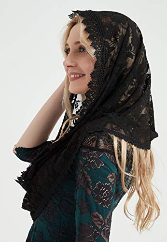 YHDDYG Infinity Veil for Catholic Mass Lace Infinity Scarf Church Veil for Girls Mantilla Infinity Veils Roses S97 - color: Black Infinity